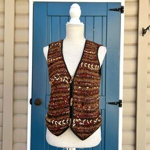 Vintage JouJou Boho Genuine Leather Knit Beads Vest Women Size Medium